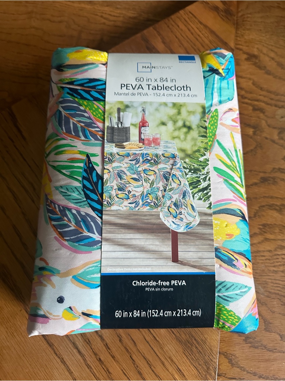 Mainstays Tropical Leaf PEVA Tablecloth in Blue, Green, Yellow, Pink & Cream